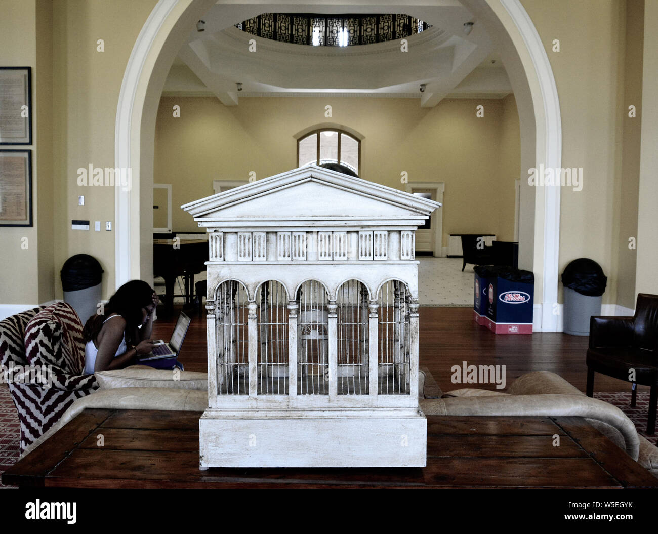 Studi dello studente nel lounge a Bryant Hall, il design degli interni include un antico birdhouse centrotavola presso la University of Mississippi, Oxford, Foto Stock