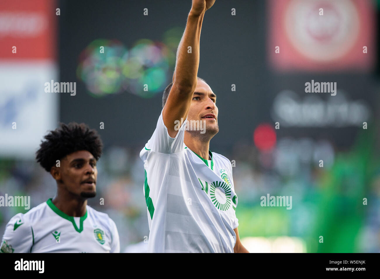 Lisbona, Portogallo. 28 Luglio, 2019. Bas possiedi da Sporting CP celebra il traguardo durante la finale di Pre-Season cinque violini 2019 Trofeo partita di calcio tra Sporting CP vs Valencia CF.(punteggio finale: Sporting CP 1 - 2 Valencia CF) Credito: SOPA Immagini limitata/Alamy Live News Foto Stock