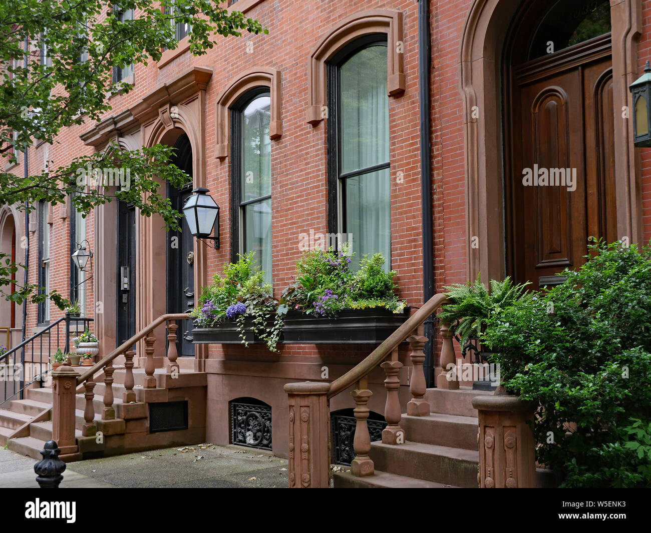 Elegante e antica arenaria townhouses con finestra casella e gradini in pietra e balaustra Foto Stock