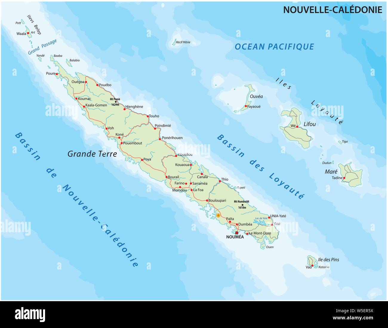 Mappa stradale Nuova Caledonia francese gruppo isola nel Sud del Pacifico Illustrazione Vettoriale