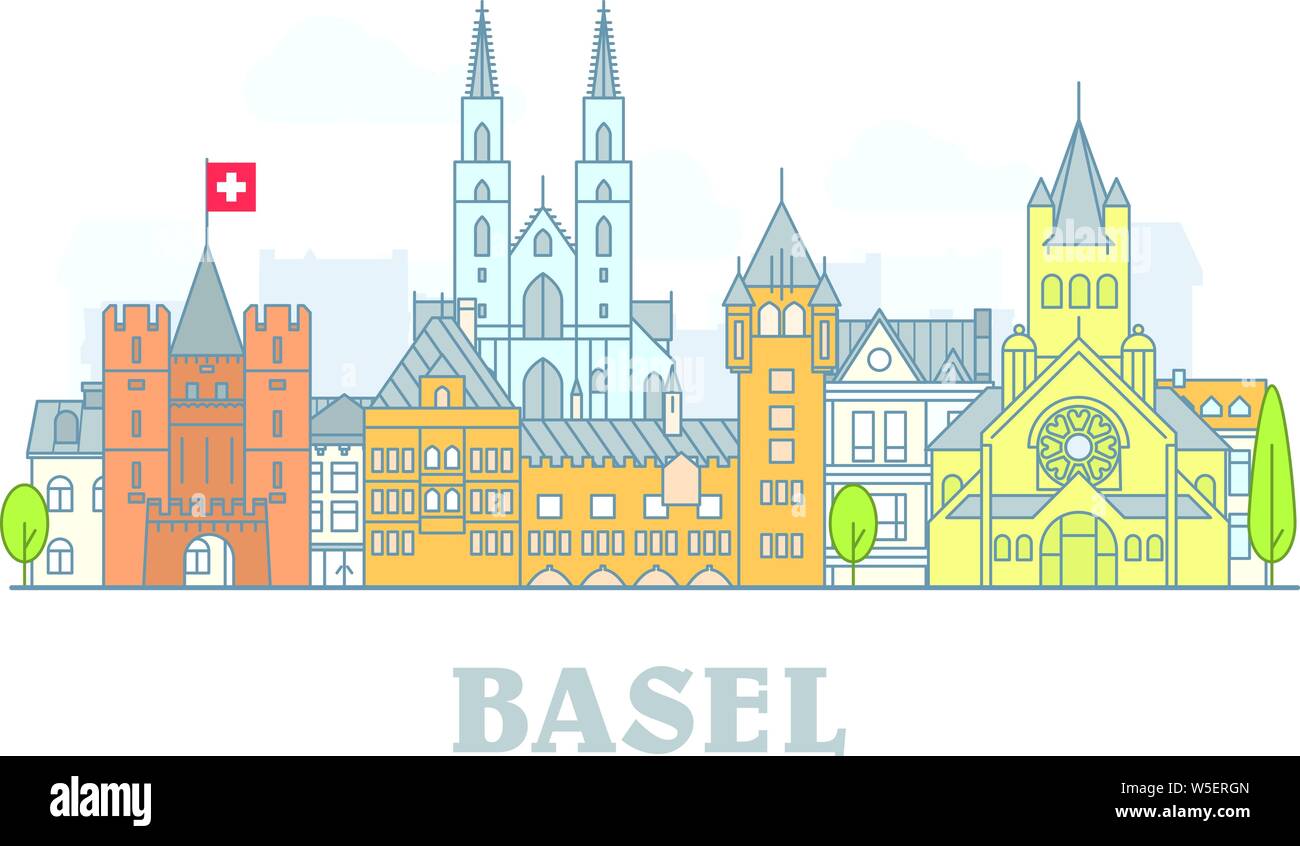 Basel, Svizzera - Old town, panorama della città con i punti di riferimento della città di Basilea Illustrazione Vettoriale