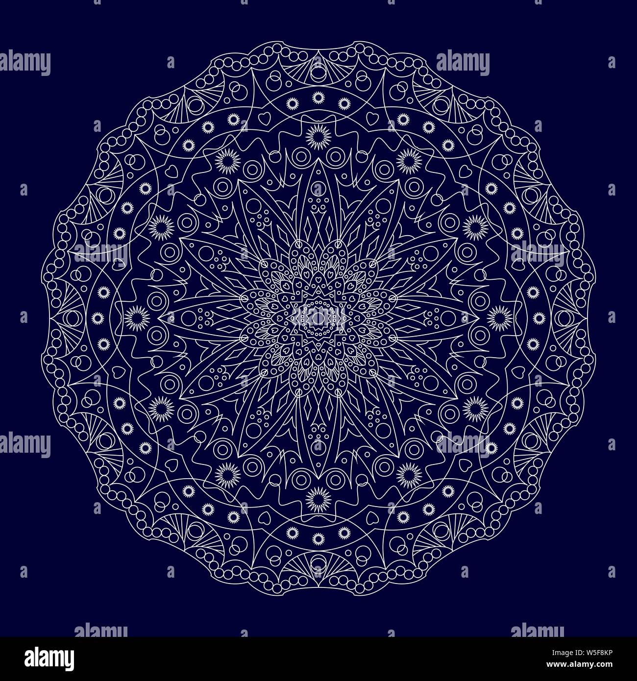 Circolare ornamento di pizzo. Etnica elementi decorativi, round ornamento circolare. Sfondo blu. Illustrazione Vettoriale. Illustrazione Vettoriale