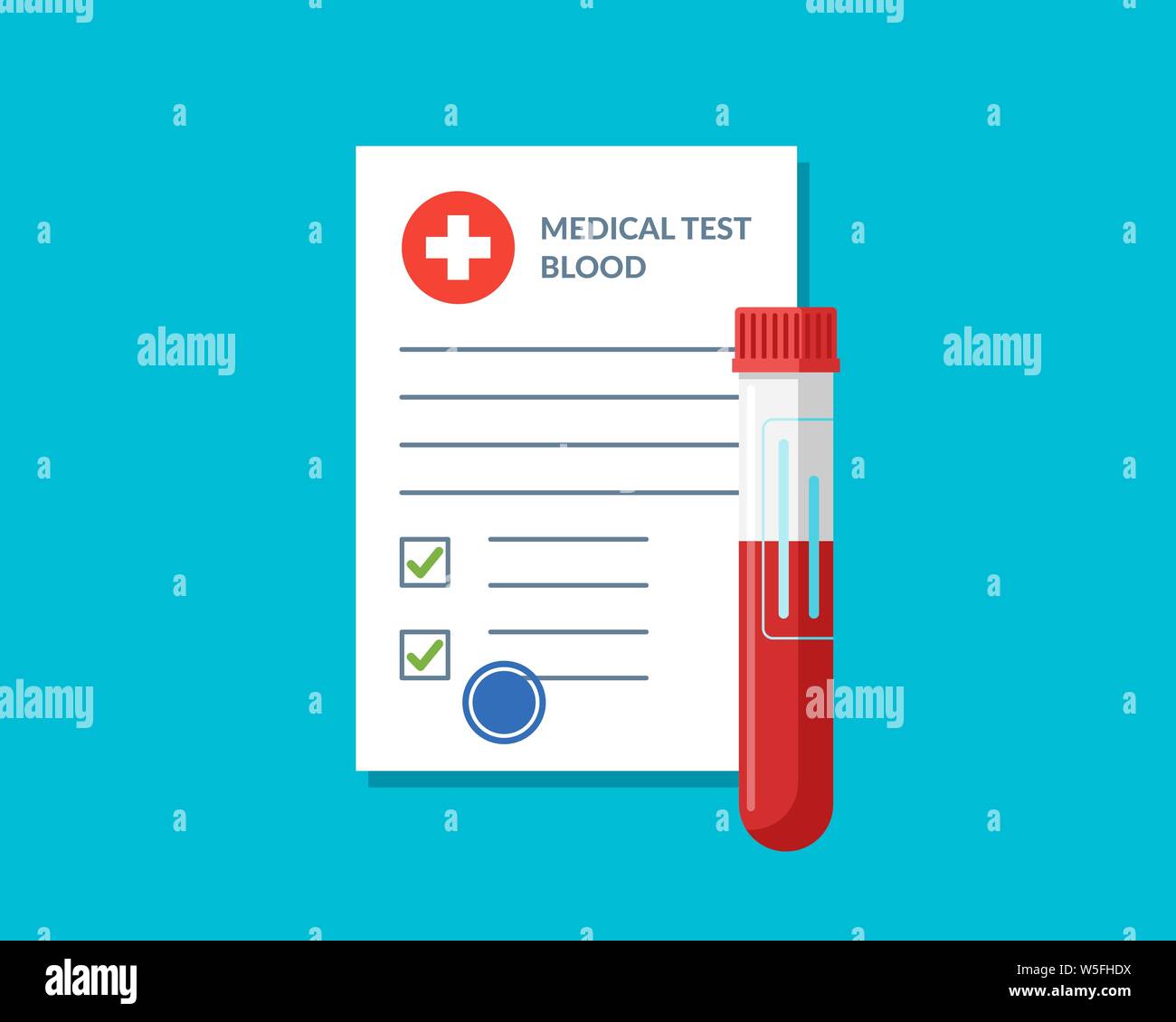 Contenitore per provette per analisi del sangue e elenco dei moduli del laboratorio medico con i dati dei risultati e illustrazione del vettore dei segni di spunta approvati. Documento della lista di controllo degli esami clinici con i risultati. Concetto di servizio di cura della medicina Illustrazione Vettoriale