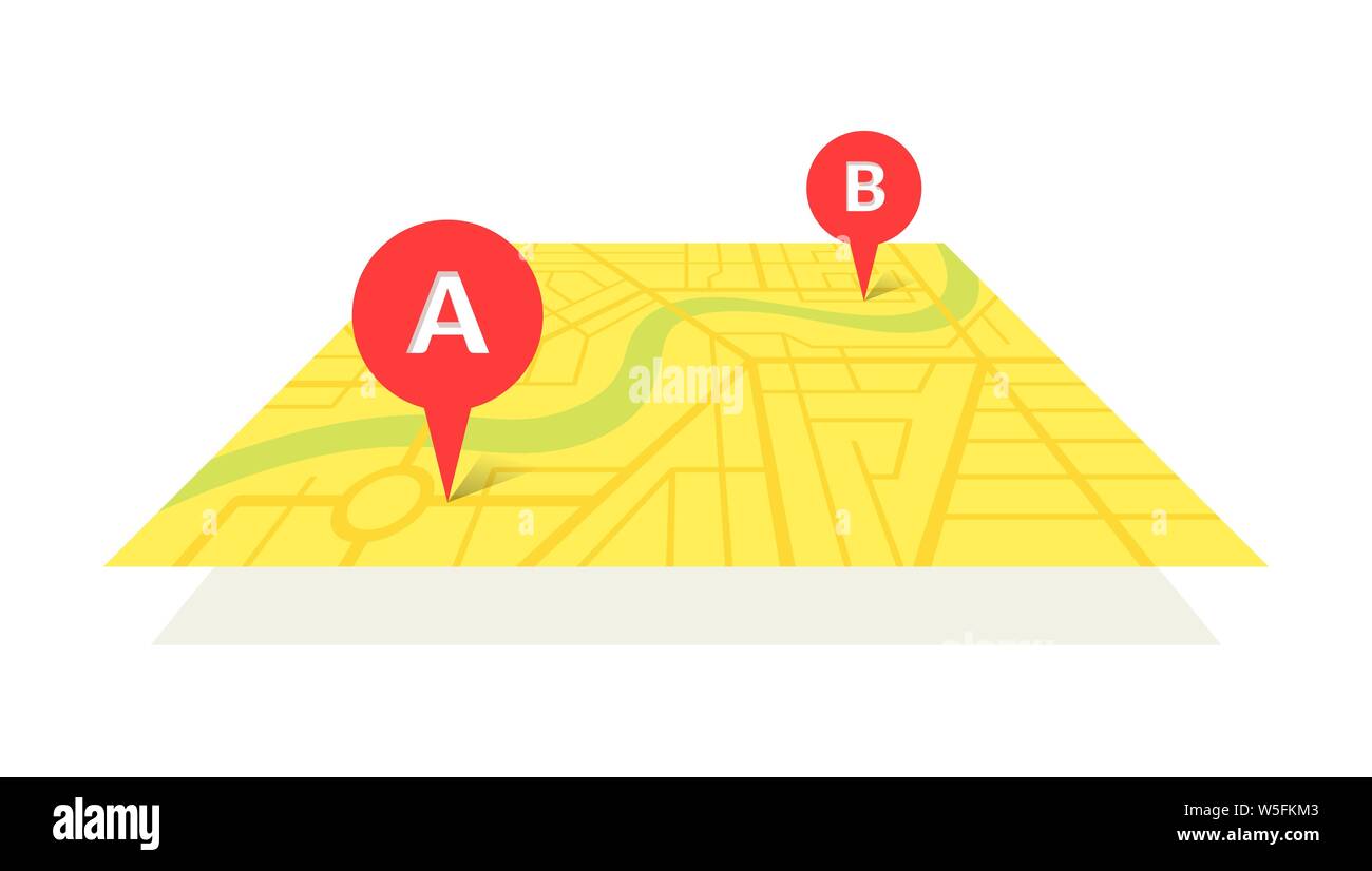 Mappa stradale della città con perni GPS e percorso di navigazione dai punti A ai punti B. Schema di posizione dell'illustrazione isometrica della vista prospettica del colore giallo vettoriale Illustrazione Vettoriale