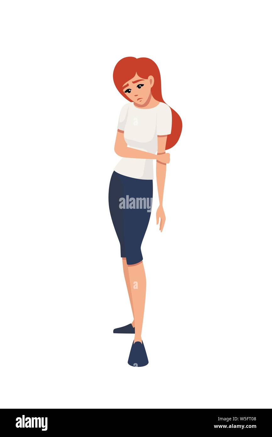 Triste redhead girl piegata verso il basso a mano cartoon character design piatto illustrazione vettore isolato su sfondo bianco. Illustrazione Vettoriale