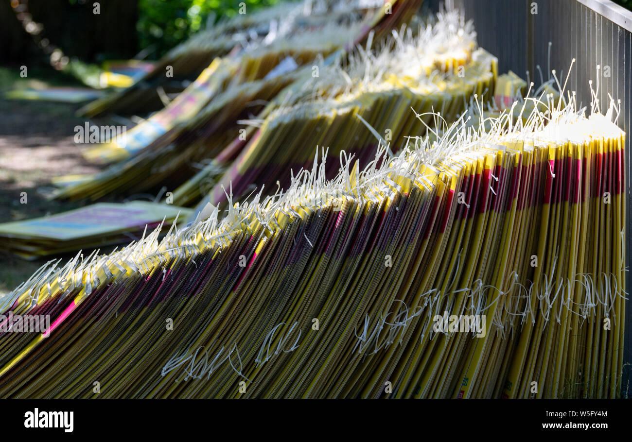 26 luglio 2019, Sassonia, Dresda: Elezione dei poster di FDP in Sassonia alle elezioni di stato si trovano nel giardino della casa liberale, l'ufficio del partito, preparato per appendere la successiva. Foto: Robert Michael/dpa-Zentralbild/dpa Foto Stock