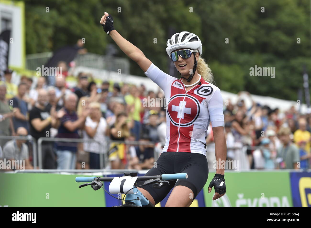 Brno, Repubblica Ceca. 28 Luglio, 2019. Medaglia d'oro della Svizzera Jolanda Neff durante le donne elite Cross Country del Campionato Europeo gara di Brno, in Repubblica ceca, Domenica, 28 luglio 2019. (CTK/Vaclav Salek) Foto Stock