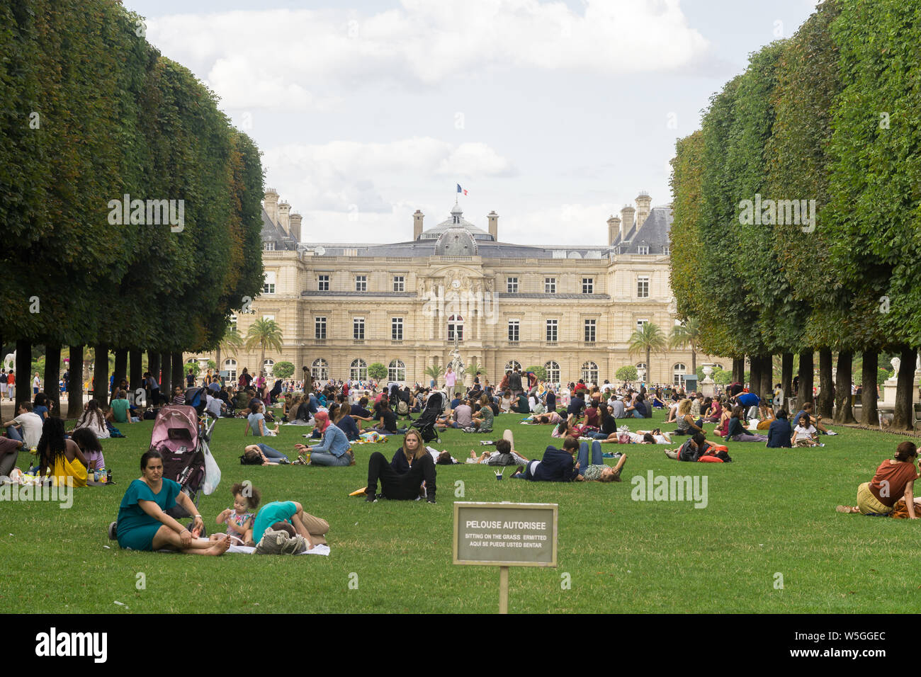 Parigi giardini di Lussemburgo - Persone rilassante sul prato verde presso i giardini del Lussemburgo a Parigi, in Francia, in Europa. Foto Stock