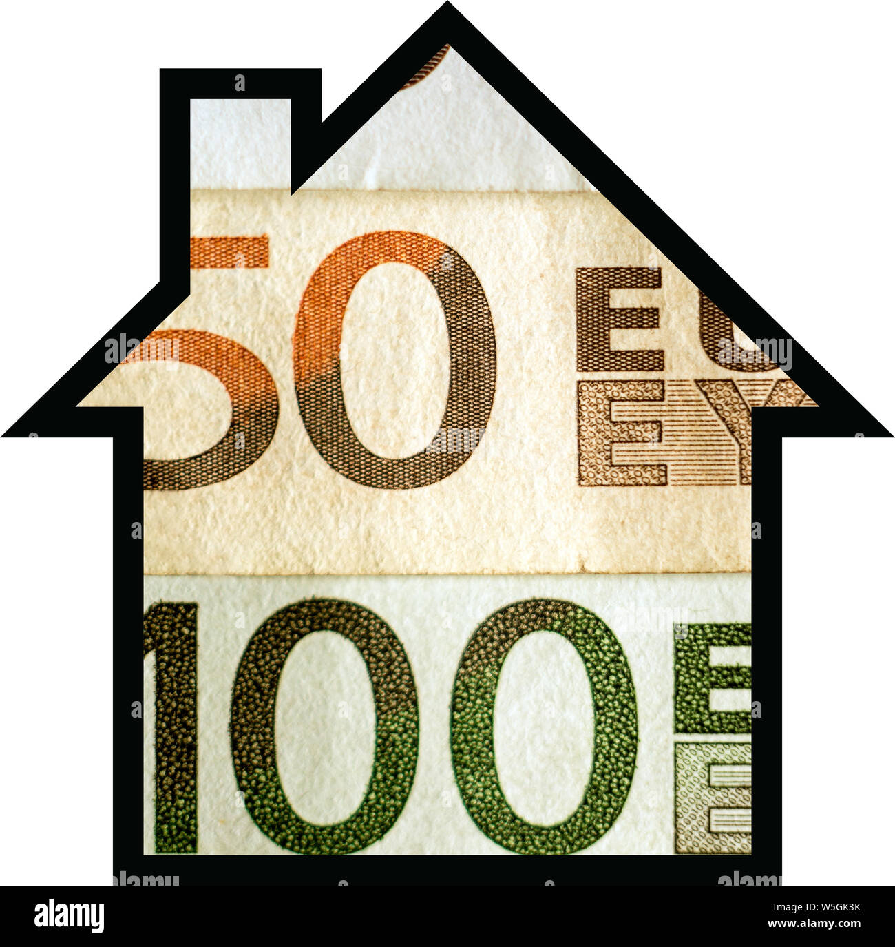 Una parte delle banconote in euro in forma di house close up macro Foto Stock