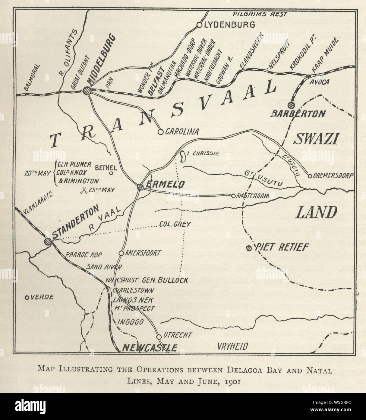 Seconda guerra boera, Mappa di operatiions tra Delagoa Bay e Natal linee, maggio e giugno 1901 Foto Stock