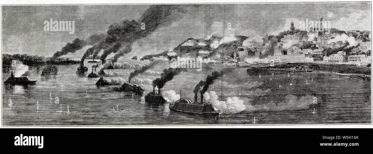 La flotte de l'amiral Porter (États du Nord) forc le passage de Vicksburg le 16 avril 1863 Foto Stock