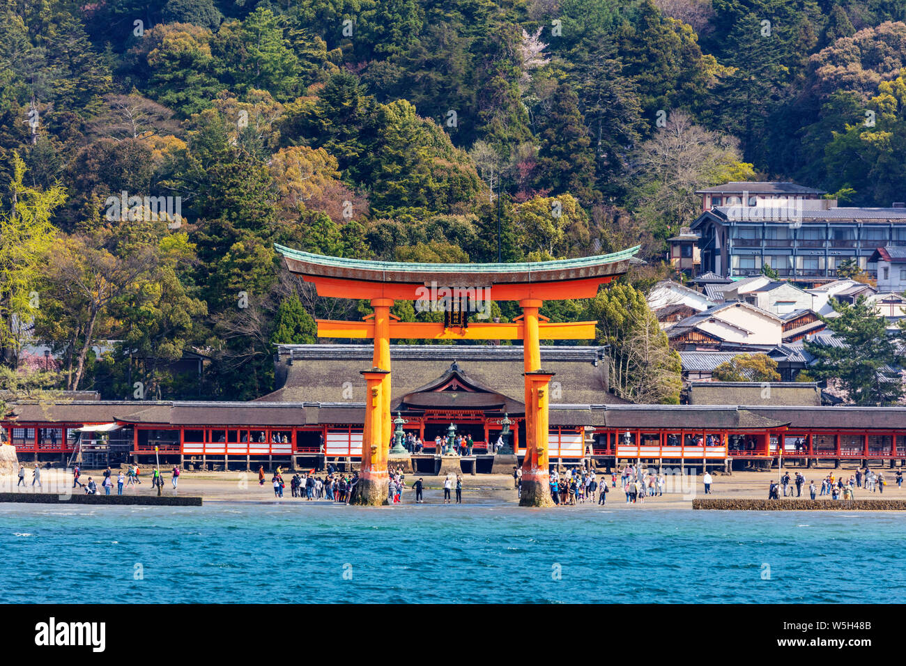 Floating torii gate di Itsukushima Jinja, Sito Patrimonio Mondiale dell'UNESCO, l'isola di Miyajima, Prefettura di Hiroshima, Honshu, Giappone, Asia Foto Stock