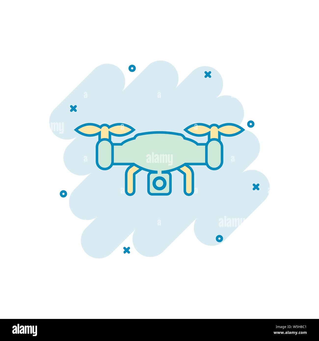 Drone quadrocopter icona in stile fumetto. Fotocamera Quadcopter vettore illustrazione cartoon bianco su sfondo isolato. Volo in elicottero la concezione di business Illustrazione Vettoriale