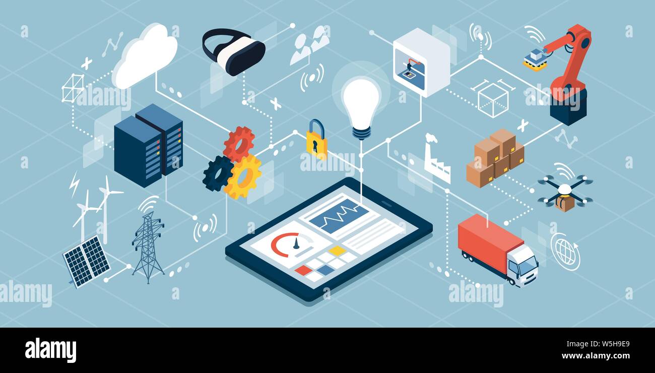 Internet industriale di cose, di produzione innovativi e smart industria: Interfaccia uomo macchina app su una tavoletta digitale Illustrazione Vettoriale