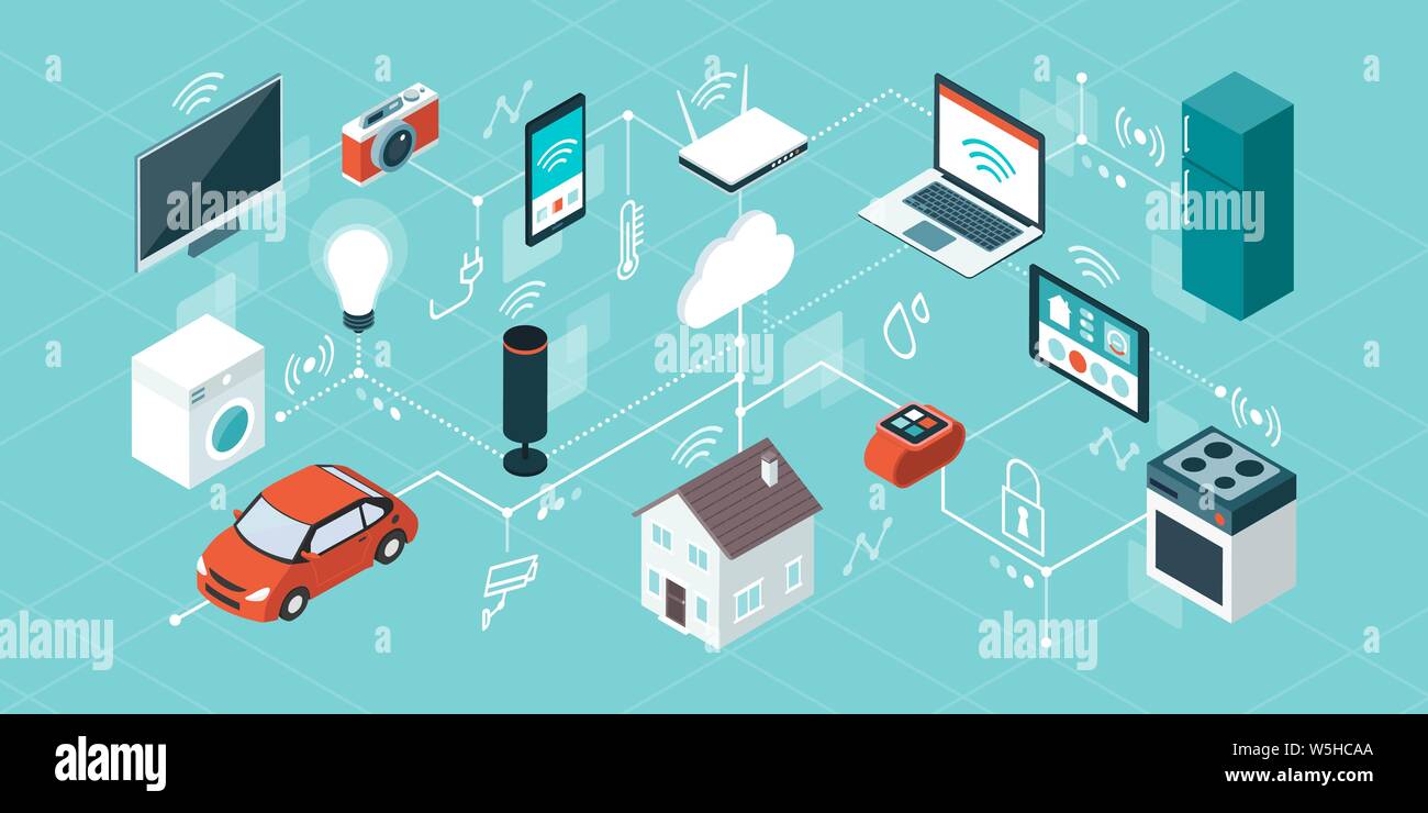 Internet delle cose, Domotica e Smart home innovazioni, isometrica di rete collegati dispositivi e apparecchi Illustrazione Vettoriale