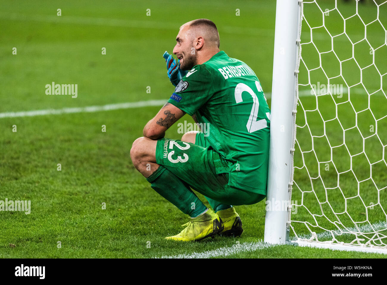 Saransk, Russia - 8 giugno 2019. Deluso San Marino Nazionale di calcio portiere Elia Benedettini seguenti 0-9 sconfitta nella UEFA EURO 2020 lontano Foto Stock