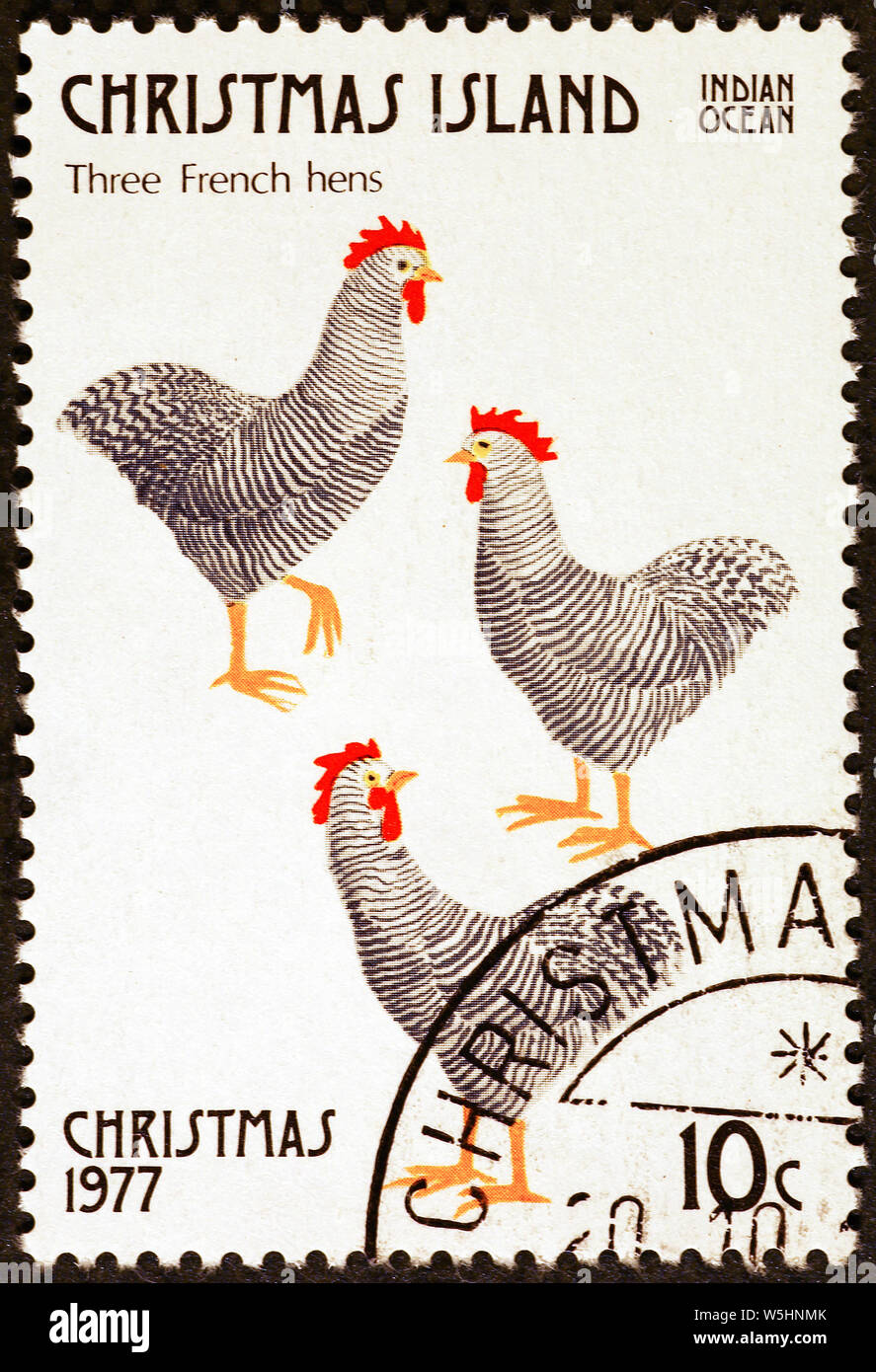 Dodici giorni di Natale - 3 galline francese sul francobollo di Isola di Natale Foto Stock