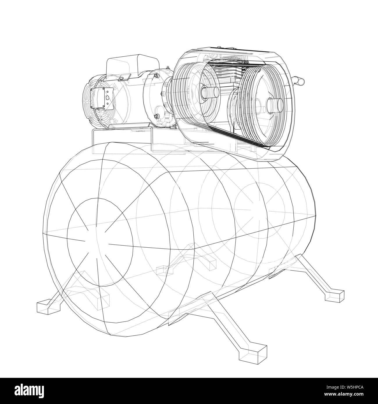 Delineare il compressore dell'aria. Vettore di rendering 3d. Filo-stile di cornice. Gli strati di visibile e invisibile di linee sono separate Illustrazione Vettoriale
