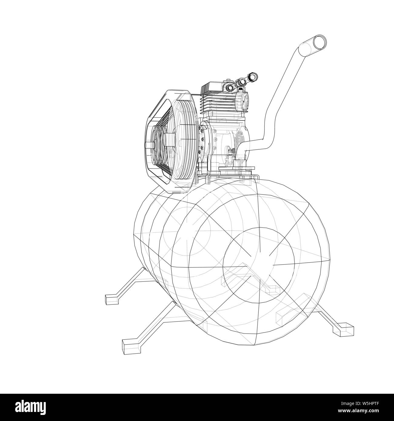 Delineare il compressore dell'aria. Vettore di rendering 3d. Filo-stile di cornice. Gli strati di visibile e invisibile di linee sono separate Illustrazione Vettoriale