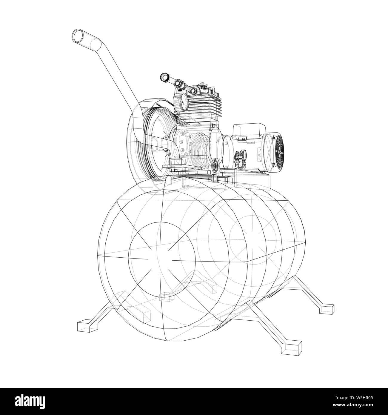 Delineare il compressore dell'aria. Vettore di rendering 3d. Filo-stile di cornice. Gli strati di visibile e invisibile di linee sono separate Illustrazione Vettoriale