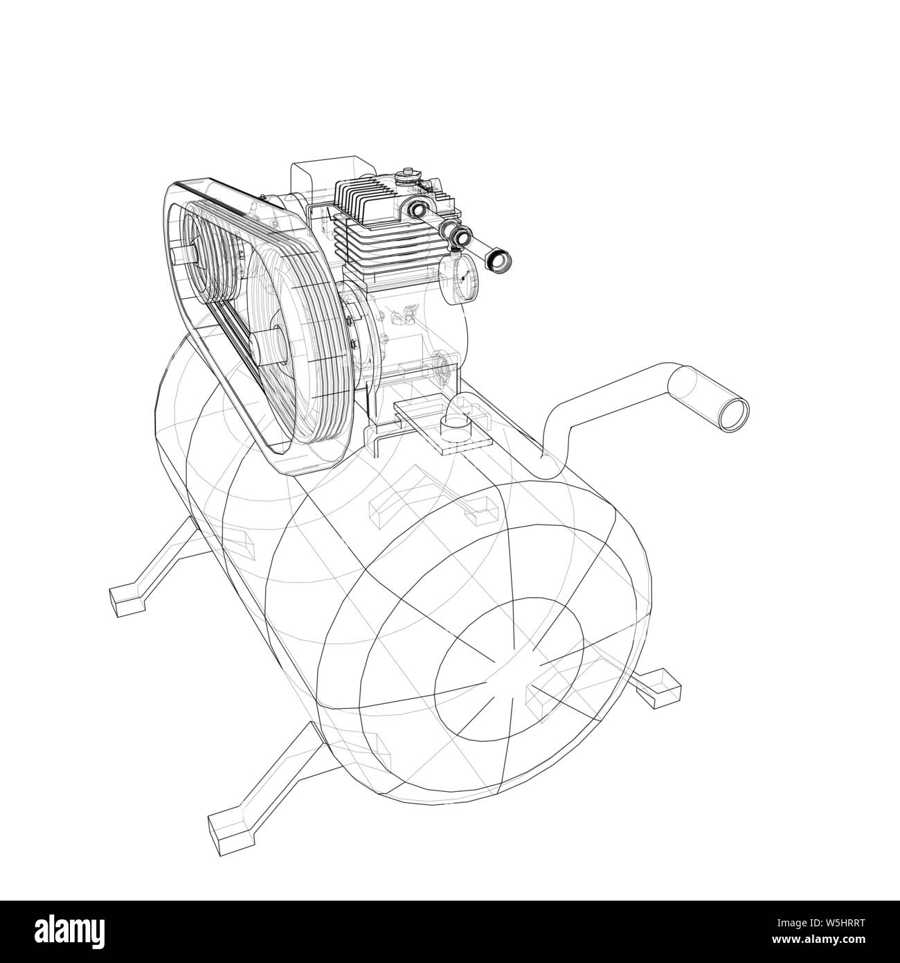 Delineare il compressore dell'aria. Vettore di rendering 3d. Filo-stile di cornice. Gli strati di visibile e invisibile di linee sono separate Illustrazione Vettoriale