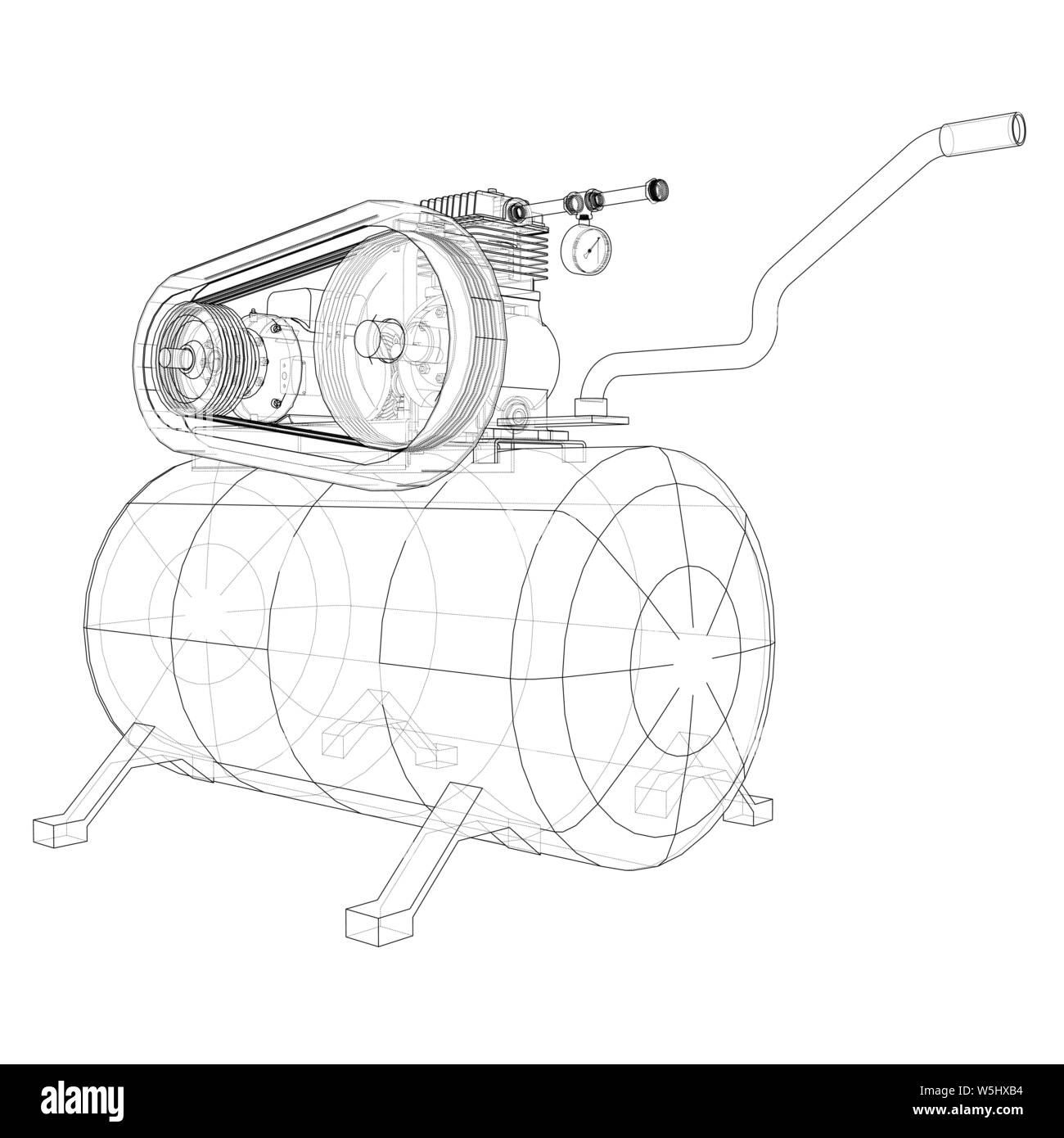 Delineare il compressore dell'aria. Vettore di rendering 3d. Filo-stile di cornice. Gli strati di visibile e invisibile di linee sono separate Illustrazione Vettoriale
