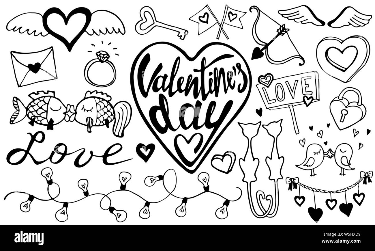 Il giorno di San Valentino disegnati a mano romantica doodle collection. La calligrafia e illustrazione vettore set. Simboli di San Valentino. Design per stampe, biglietti e colori Illustrazione Vettoriale