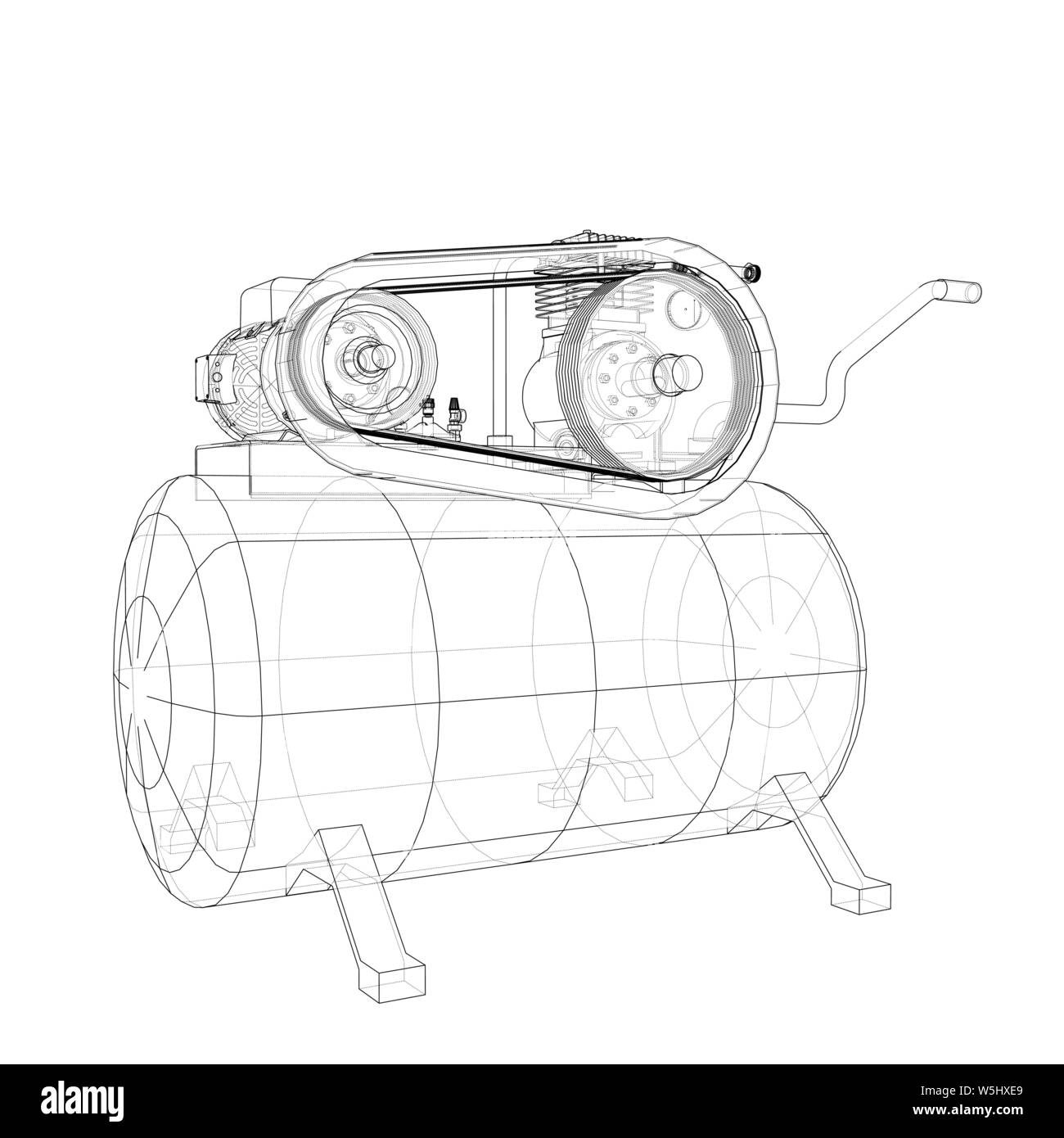 Delineare il compressore dell'aria. Vettore di rendering 3d. Filo-stile di cornice. Gli strati di visibile e invisibile di linee sono separate Illustrazione Vettoriale