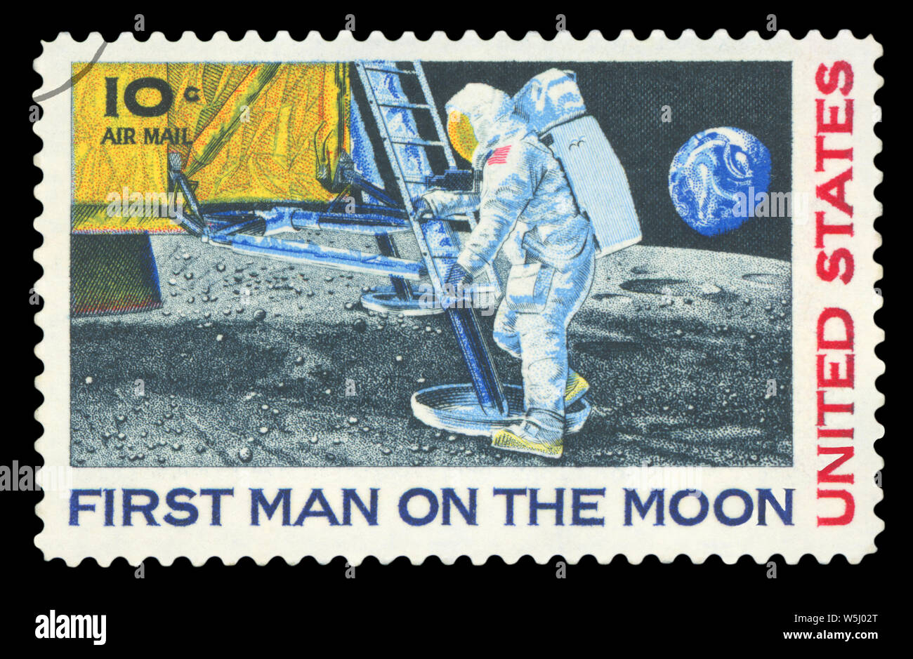 Stati Uniti - circa 1969: un timbro stampato negli Stati Uniti mostra Neil Armstrong, il primo passo sulla luna, circa 1969. Foto Stock