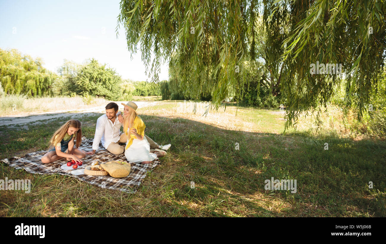 Giovane famiglia relax nel parco di erba Foto Stock