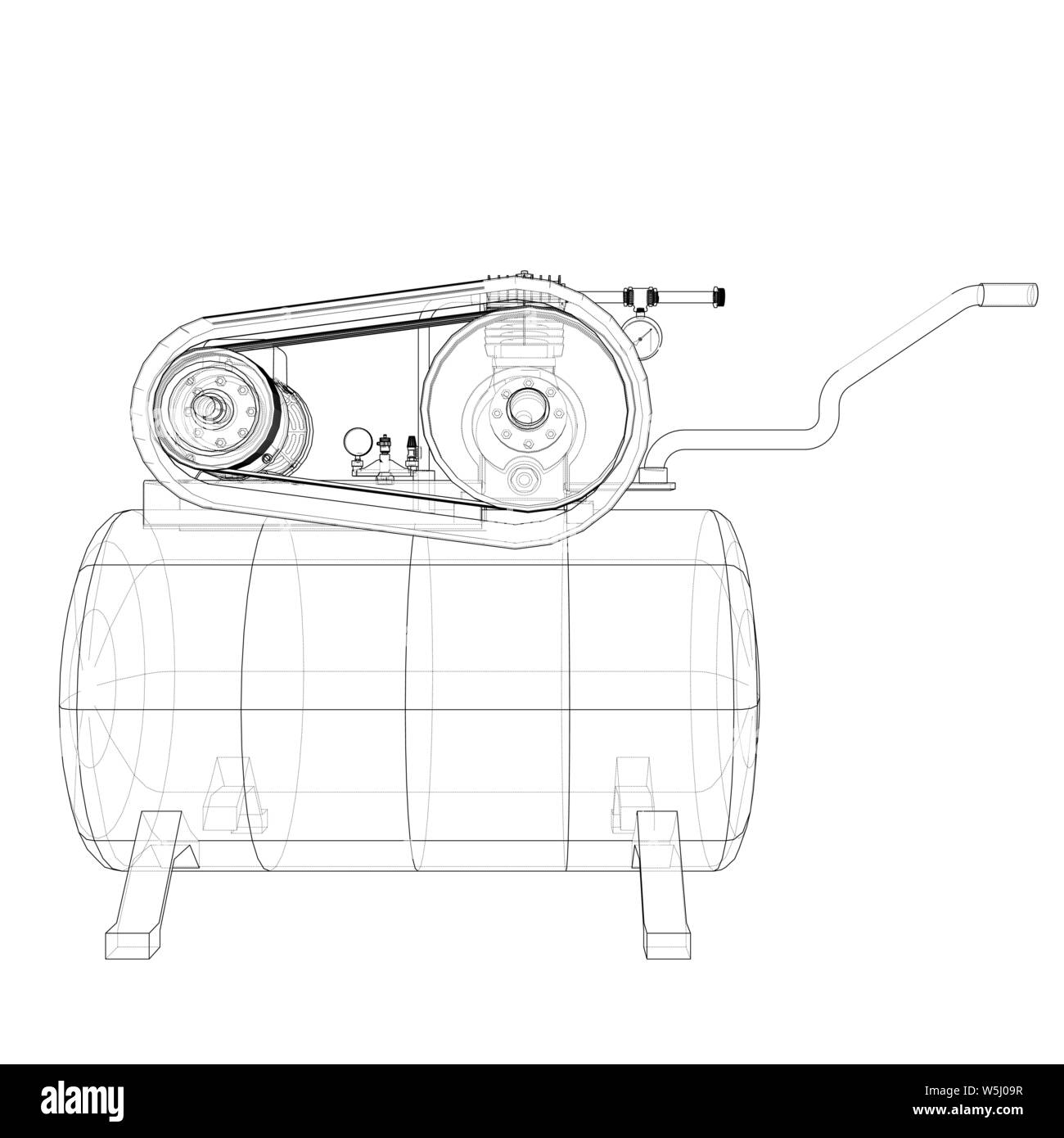 Delineare il compressore dell'aria. Vettore di rendering 3d. Filo-stile di cornice. Gli strati di visibile e invisibile di linee sono separate Illustrazione Vettoriale