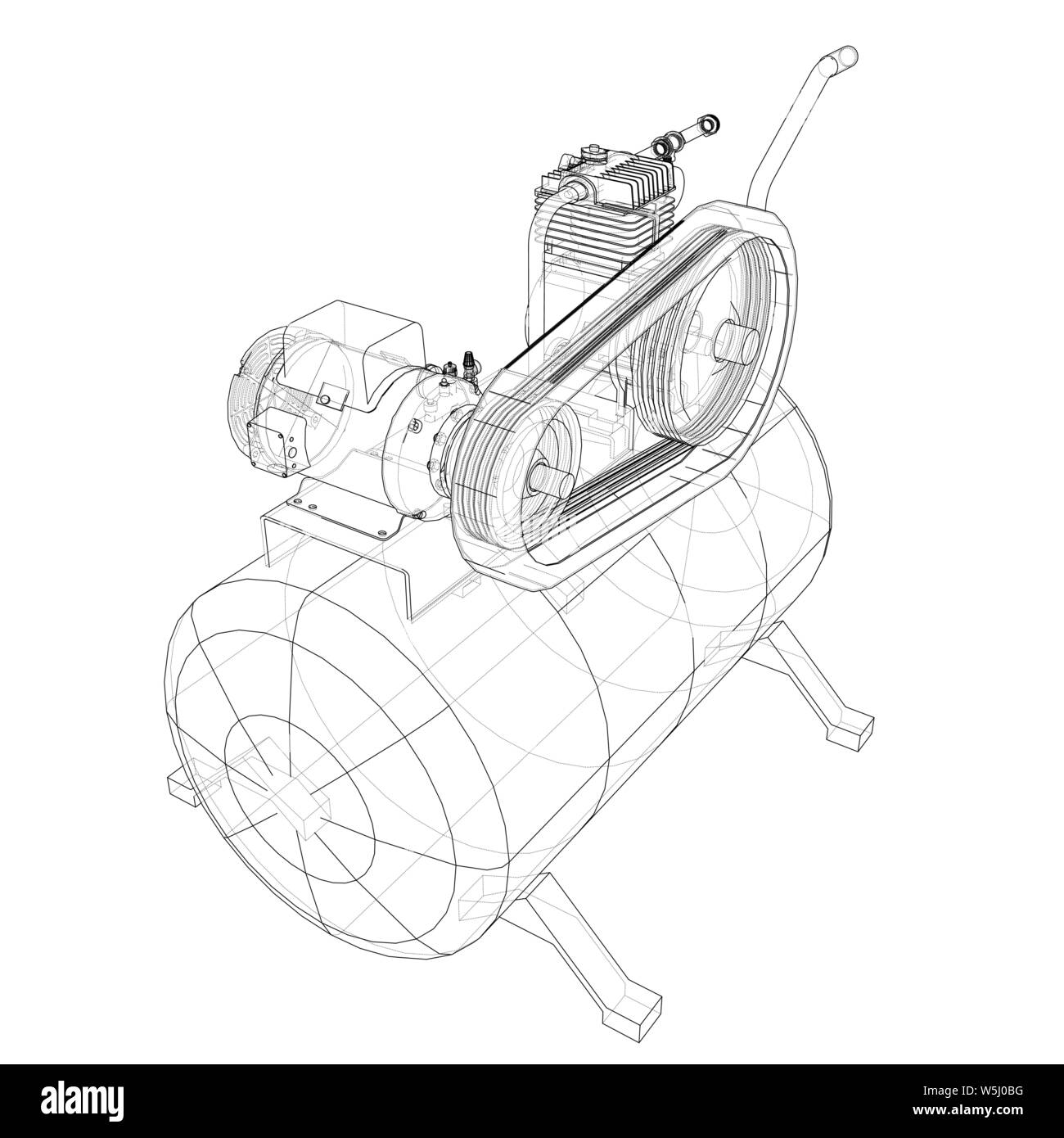 Delineare il compressore dell'aria. Vettore di rendering 3d. Filo-stile di cornice. Gli strati di visibile e invisibile di linee sono separate Illustrazione Vettoriale