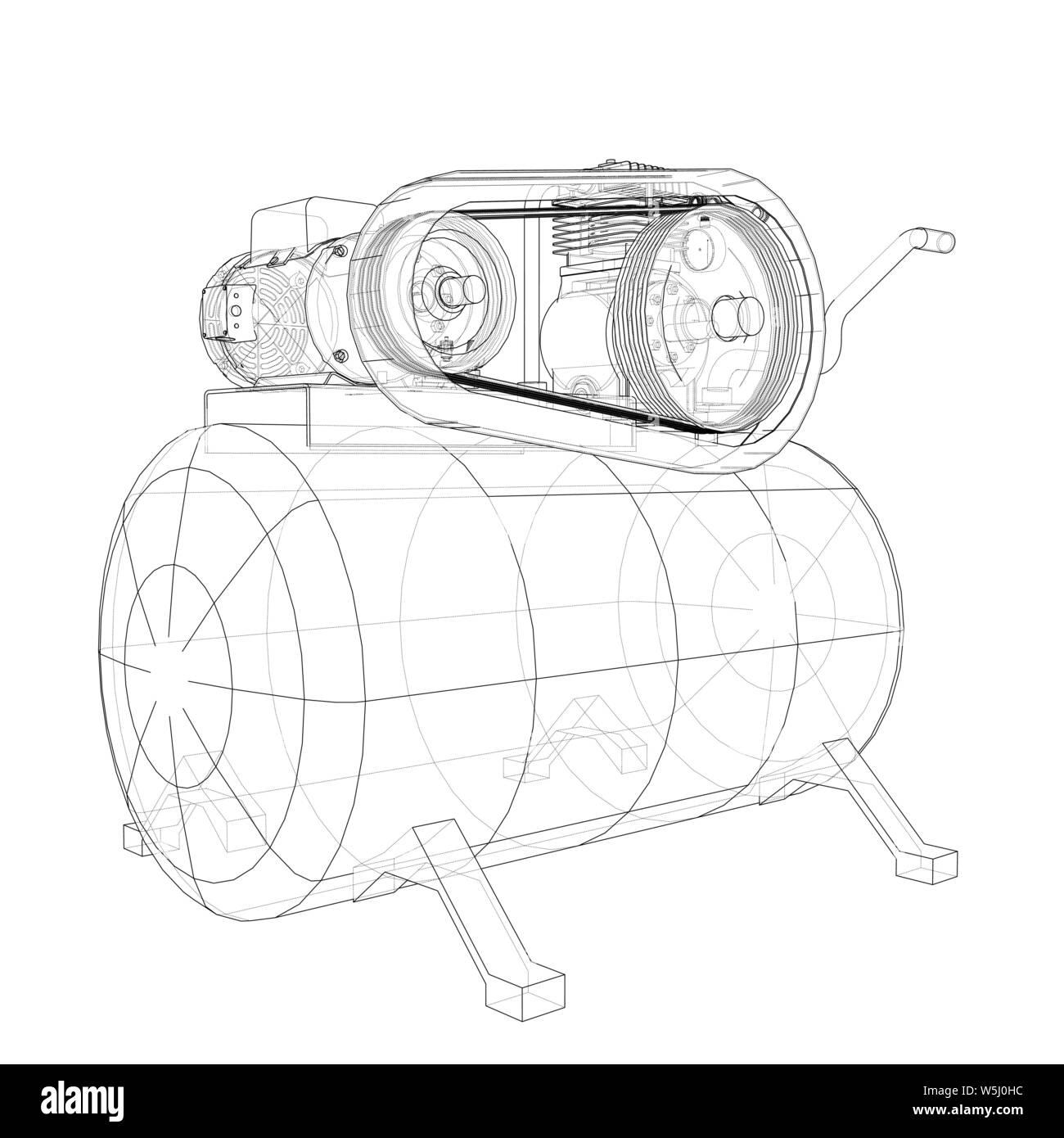 Delineare il compressore dell'aria. Vettore di rendering 3d. Filo-stile di cornice. Gli strati di visibile e invisibile di linee sono separate Illustrazione Vettoriale