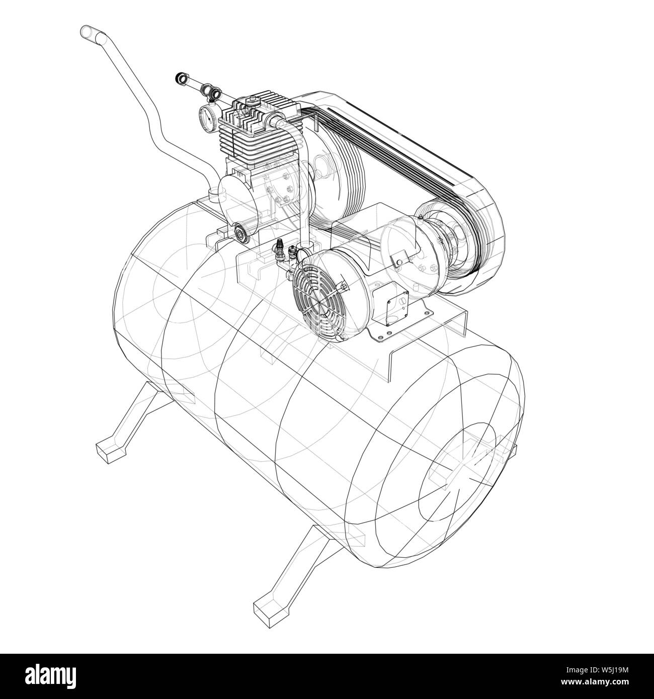 Delineare il compressore dell'aria. Vettore di rendering 3d. Filo-stile di cornice. Gli strati di visibile e invisibile di linee sono separate Illustrazione Vettoriale