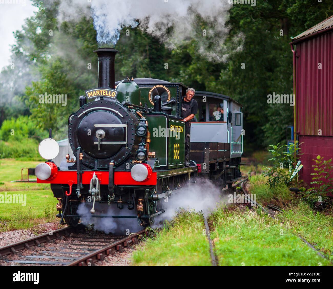 662 treno a vapore martello al Bressingham Steam & Gardens Park. Treno a vapore d'epoca. Foto Stock
