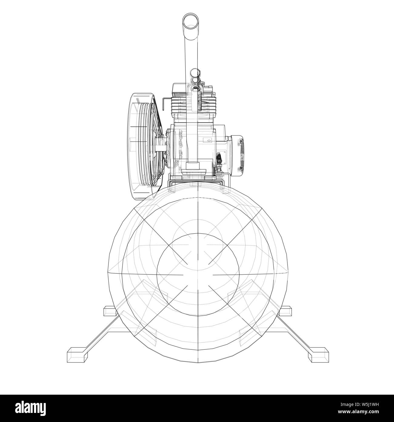 Delineare il compressore dell'aria. Vettore di rendering 3d. Filo-stile di cornice. Gli strati di visibile e invisibile di linee sono separate Illustrazione Vettoriale
