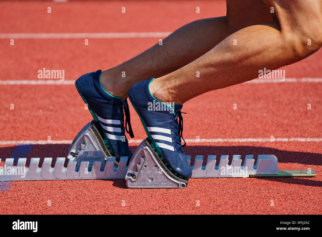 Montréal, Québec, Canada,Luglio 27, 2019.Close-up nei dettagli di una gara di atletica a Montreal, Quebec, Canada.Credit:Mario Beauregard/Alamy Live News Foto Stock