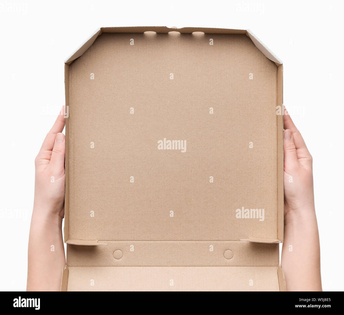 Consegna Pizza. Corriere azienda svuotare la scatola di cartone Foto Stock