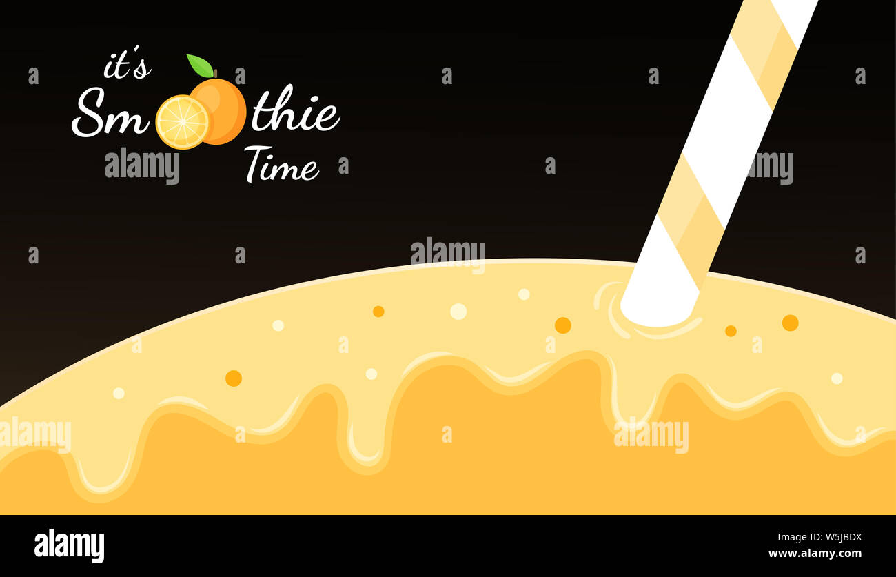 Arancione logo smoothie cocktail di frutta illustrazione piana. I frullati logo su sfondo nero, closeup orange frullati cocktail con juicy splash per fitn Foto Stock