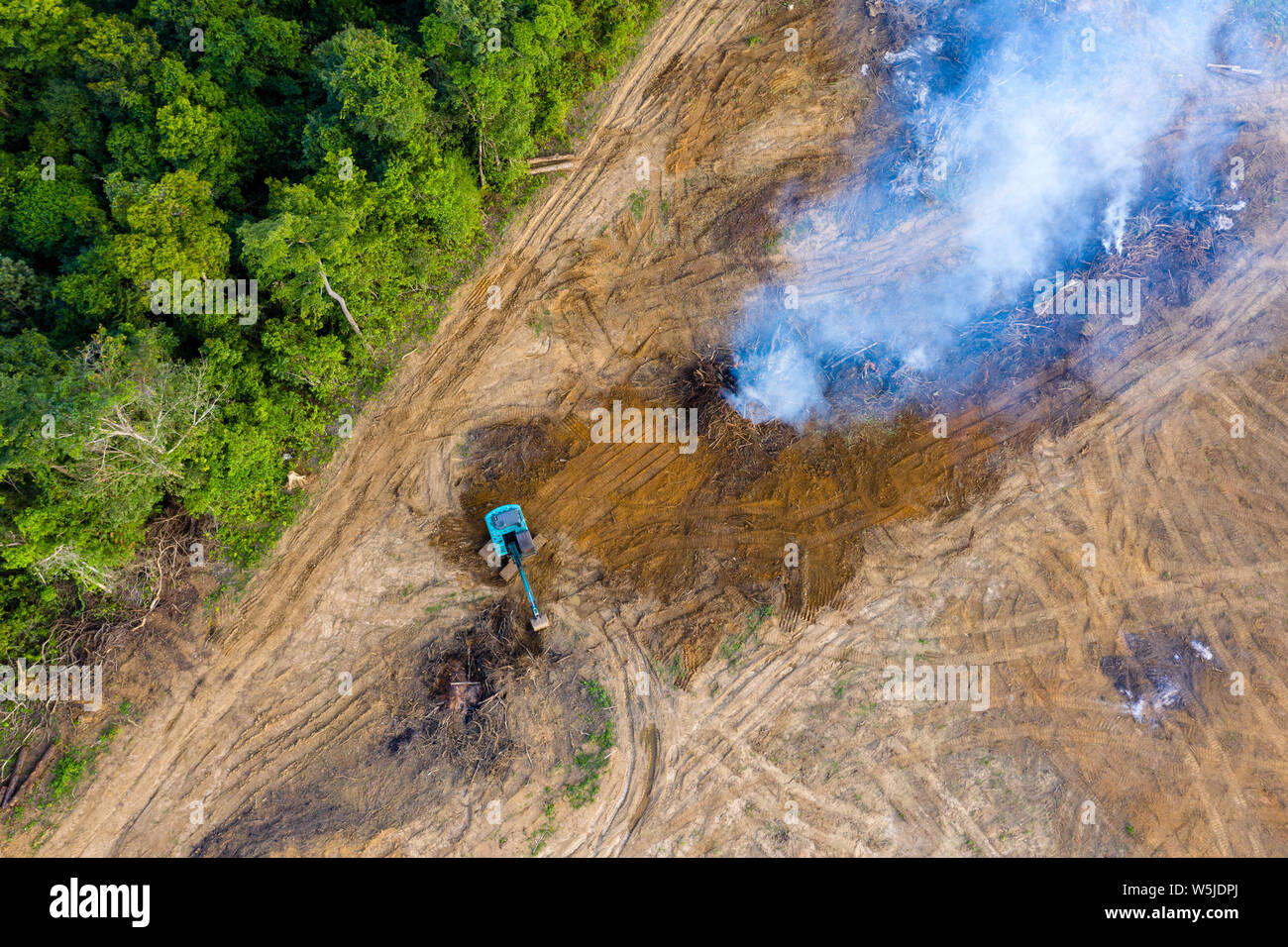 Birds Eye view di foresta pluviale tropicale della deforestazione. Una scavatrice rimuove gli alberi che vengono poi bruciati Foto Stock