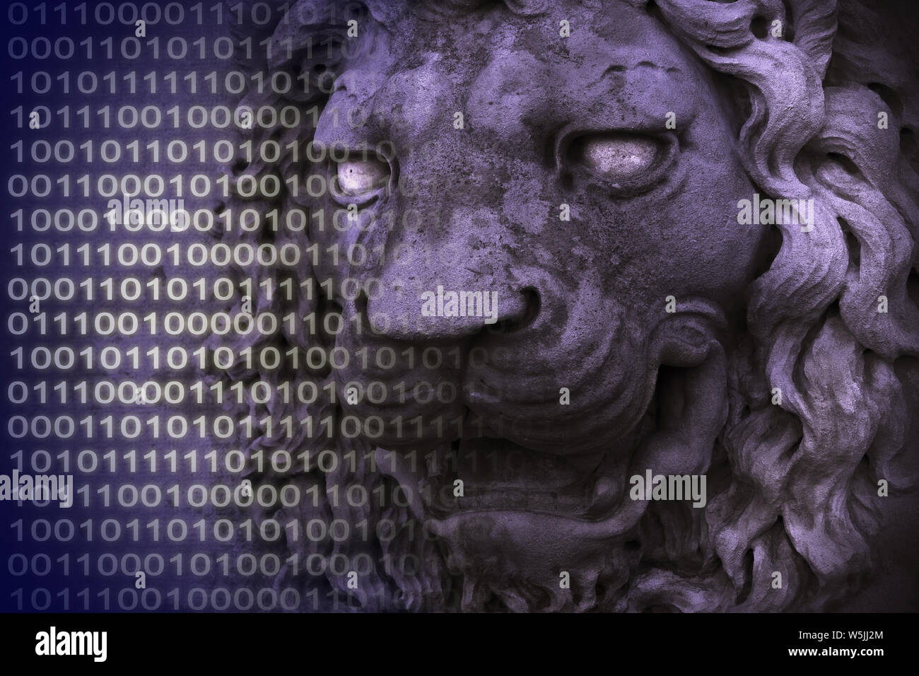 Proteggete i vostri dati. Concetto di immagine medievale con testa di leone e codice binario. Foto Stock