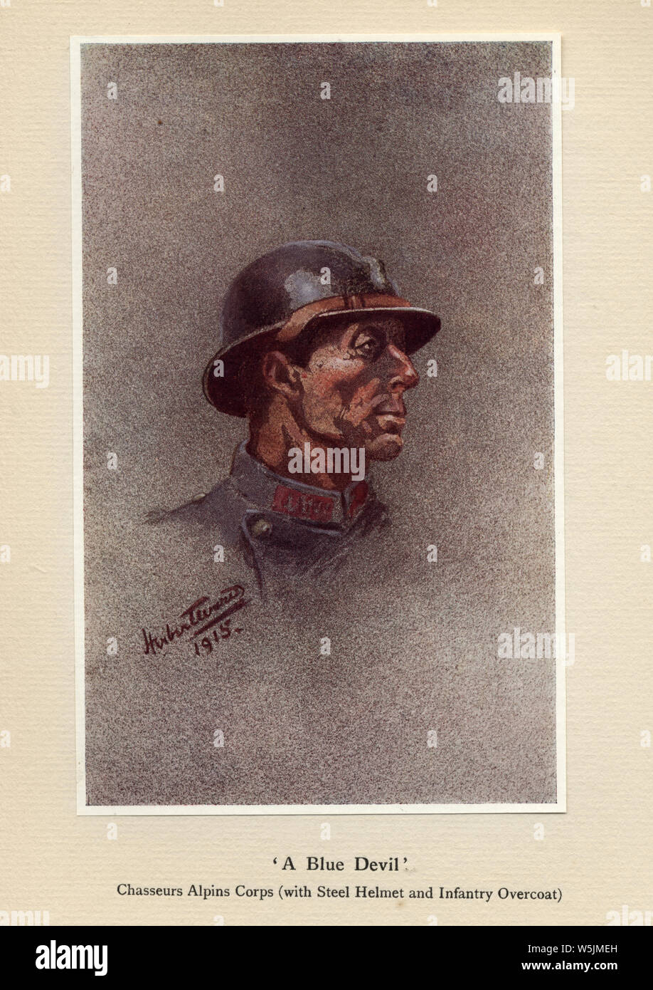 Mondo Ward, soldato francese, un diavolo blu, Chasseurs Alpins Corps (con acciaio casco e fanteria soprabito), 1915. Signor Poilu, da Herbert Ward Foto Stock