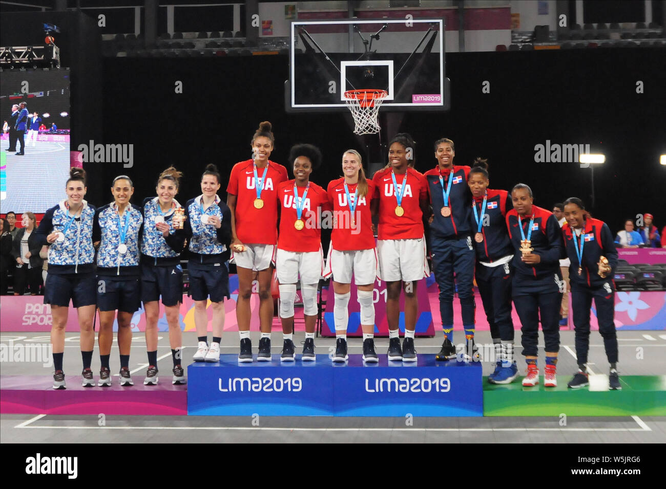 Lima, Perù. 29 Luglio, 2019. Pan American Medalists a basket 3X3. Giochi  Panamericani di Lima 2019. Lima. PE. Credito: Reinaldo  Reginato/FotoArena/Alamy Live News Foto stock - Alamy