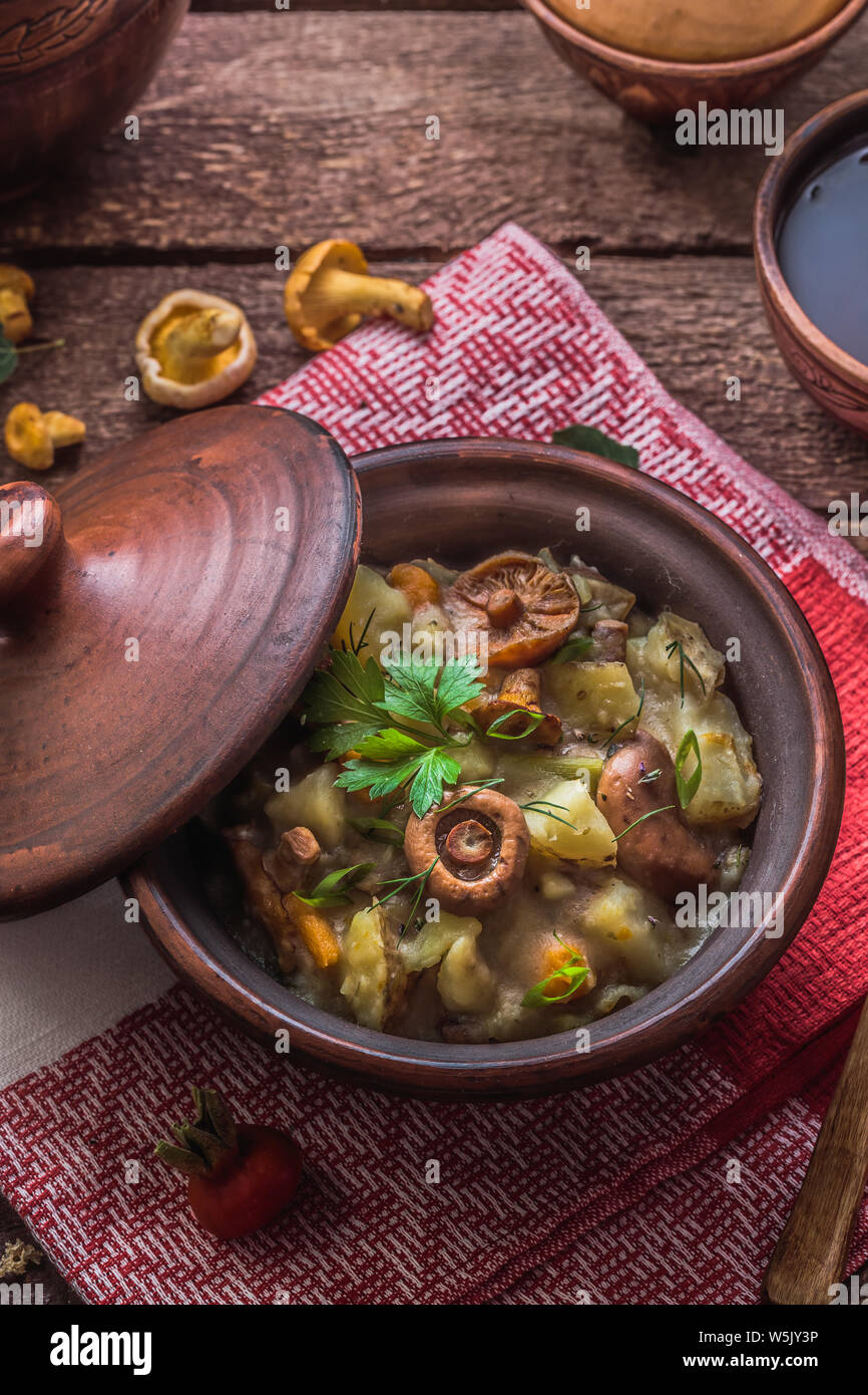 Patate con i funghi stufati in una pentola di creta, cucina russa, stile rustico Foto Stock