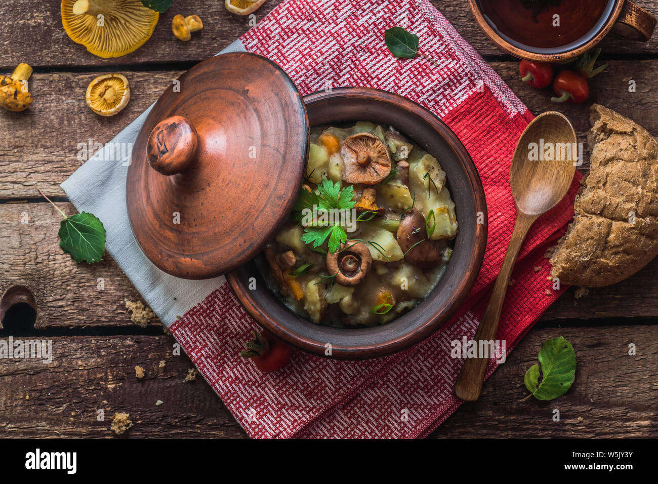 Stufati di patate e funghi in una pentola di creta, stile rustico Foto Stock