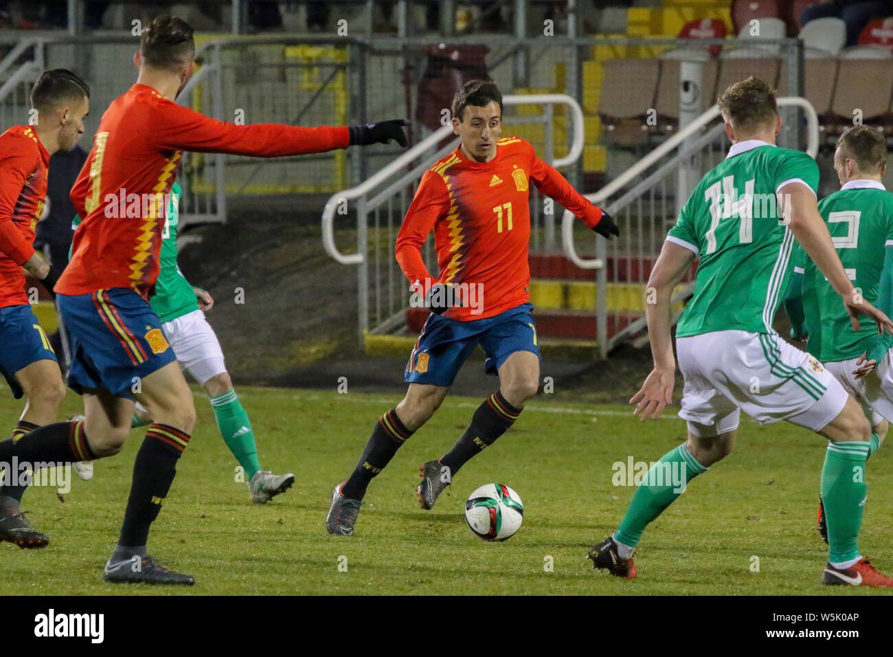 Shamrock Park (Portadown), Irlanda del Nord, Regno Unito. Il 22 marzo 2018. Europei Under 21 Championship 2019 qualificatore. Irlanda del Nord 3 Spagna 5. Mikel Oyarzabal Spagna sotto 21 international (numero 11). Foto Stock