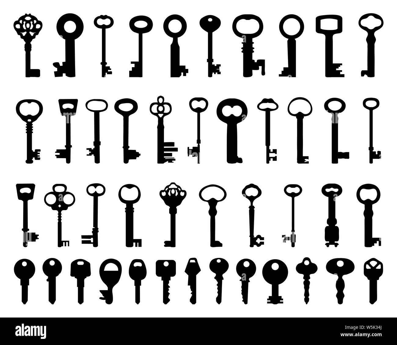 Set di silhouette nera di chiavi delle porte su sfondo bianco Foto Stock