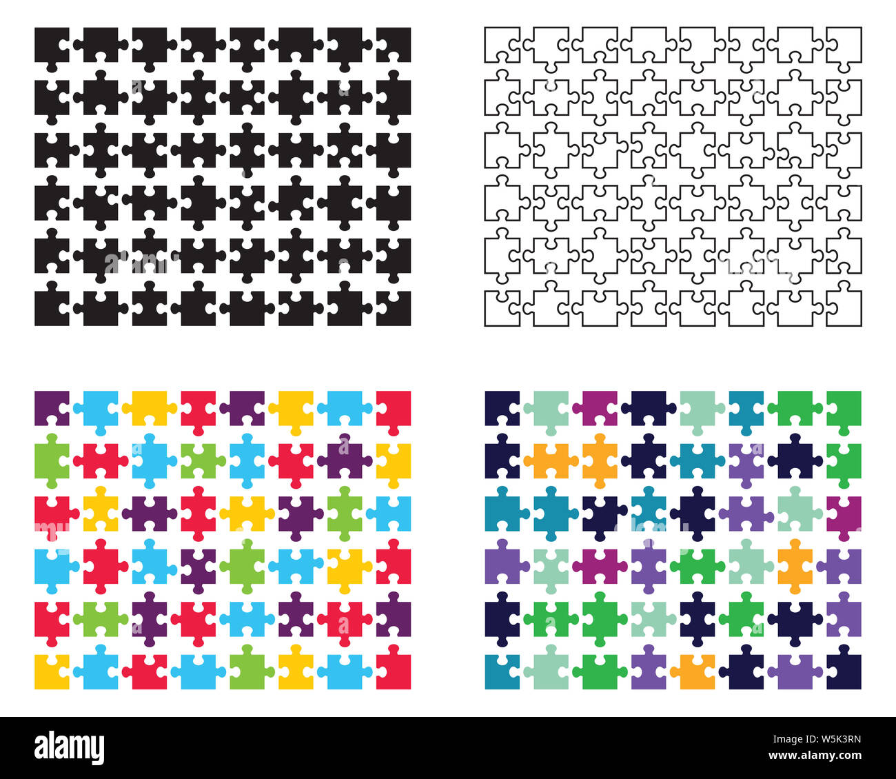 Illustrazione di bianco, nero e colorato puzzle, pezzi separati Foto Stock