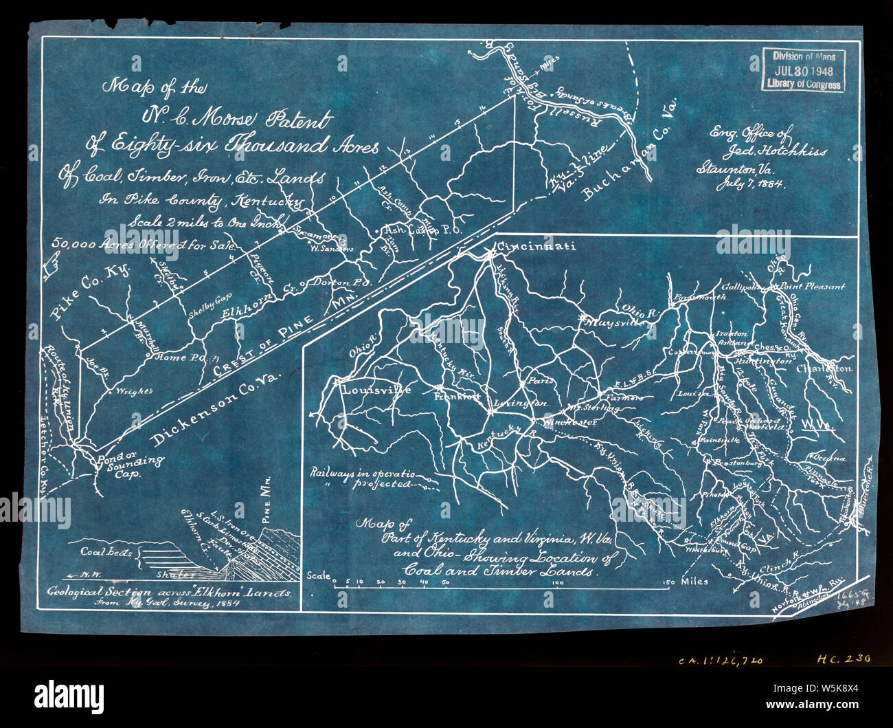 192 Mappa della NC brevetto Morse di ottantasei migliaia di acri di carbone ferro legname etc terre in Pike County Kentucky ; Mappa di parte del Kentucky e Virginia W va invertita la ricostruzione e la riparazione Foto Stock