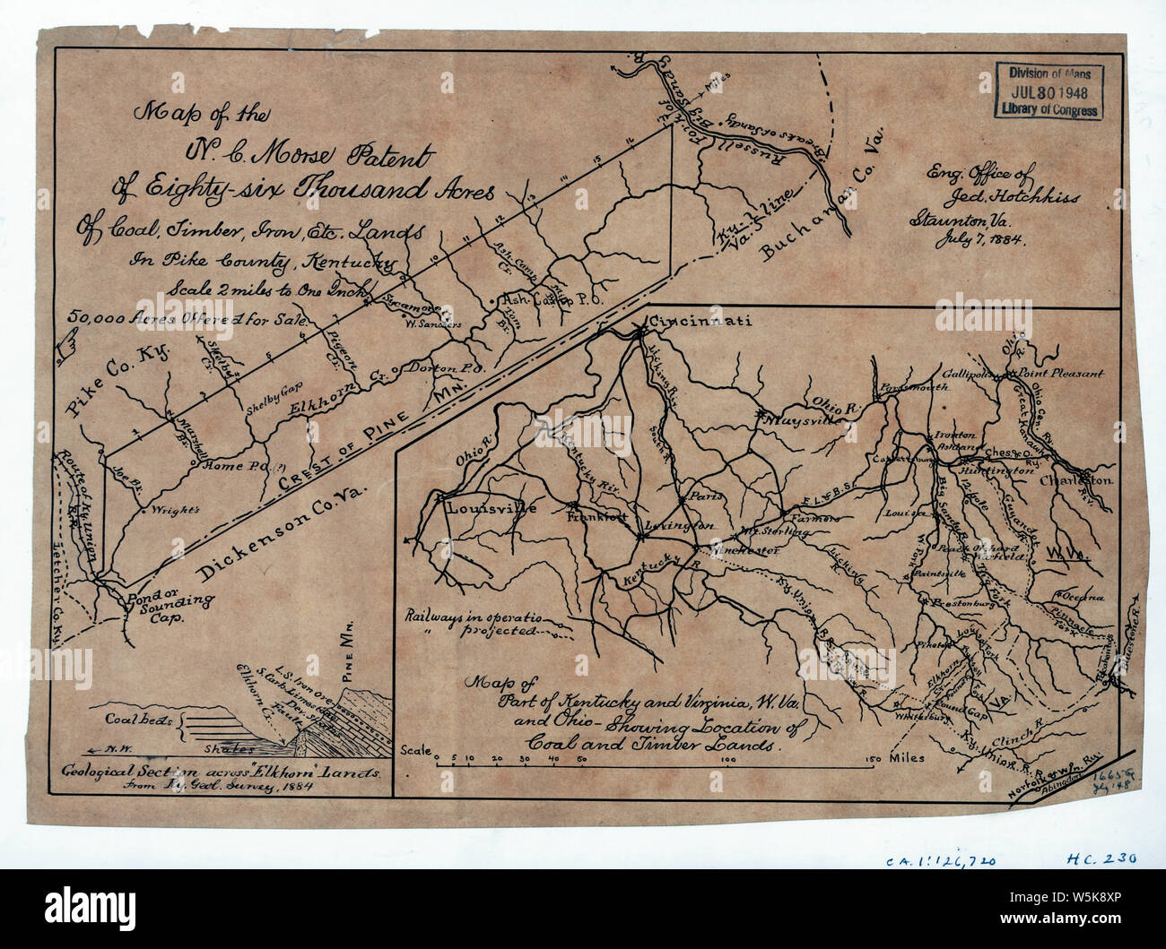 192 Mappa della NC brevetto Morse di ottantasei migliaia di acri di carbone ferro legname etc terre in Pike County Kentucky ; Mappa di parte del Kentucky e Virginia W va a ricostruire e riparare Foto Stock